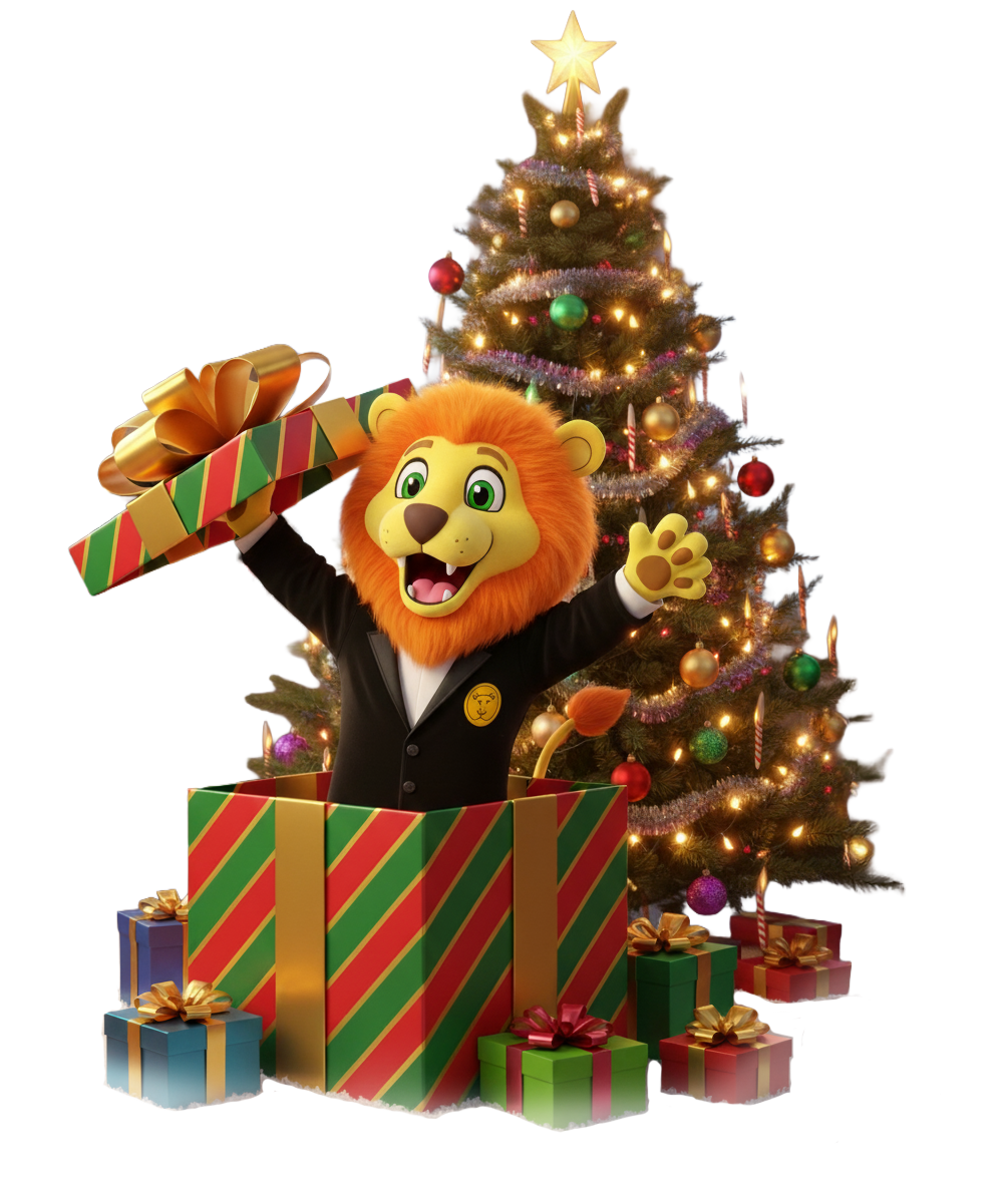 Lio, mascot of NL Jobs, jumping out of a christmas gift